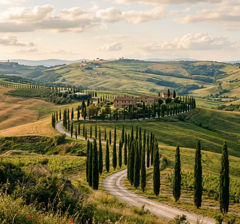 Winding dirt road with tall cypress trees leading to stone villa in green Tuscan hills